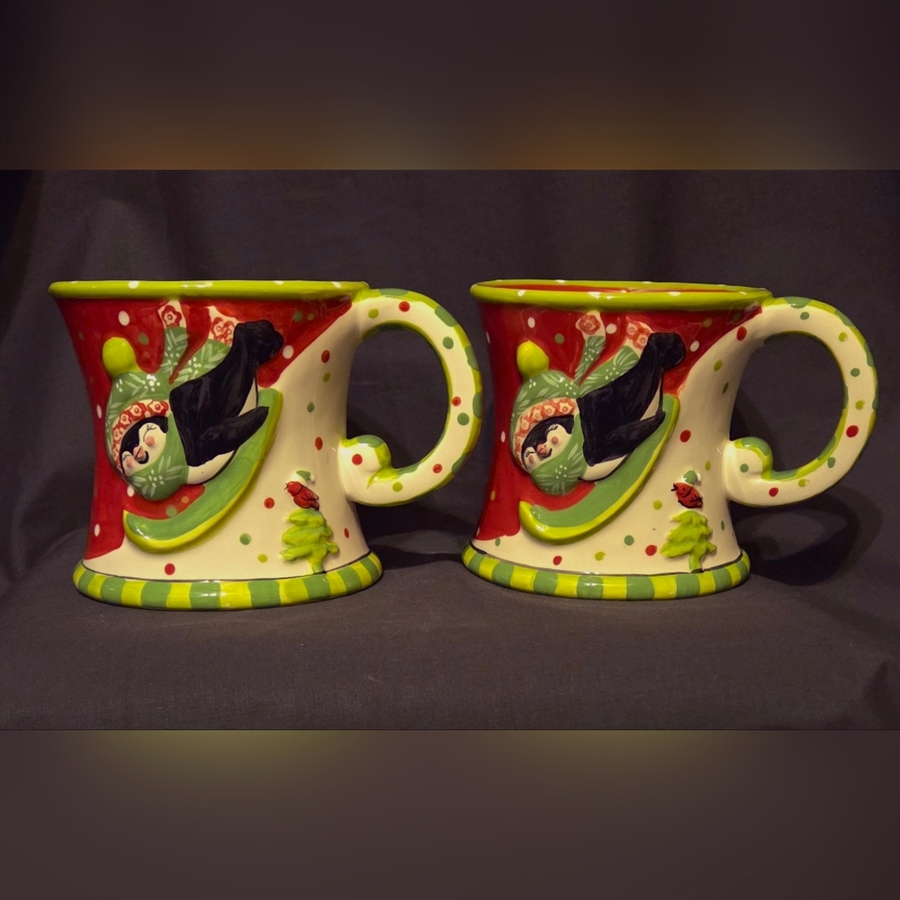 Temp-tations Winter Whimsy 3D Penguin Sledding Mugs Set of 2